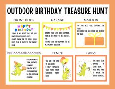 an outdoor birthday treasure hunt is shown with pictures and instructions for each child's birthday