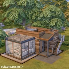 an artist's rendering of a small cabin in the middle of a wooded area