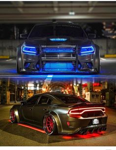 the front and side view of a black sports car with blue lights on it in a parking