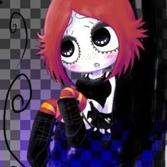 a cartoon character with red hair and black eyes holding a cell phone in her hand