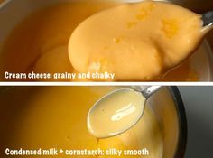 two pictures showing how to make creamy cheese gravy and glaze for soup