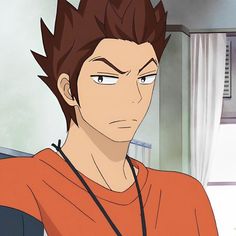 an anime character with brown hair and orange shirt looking at something in front of him