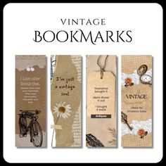 three bookmarks with the words vintage books written in different languages and pictures on them