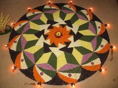 a circular rug with lights around it