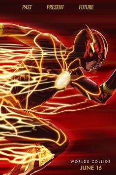 the flash running in front of a red background with yellow and white streaks on it