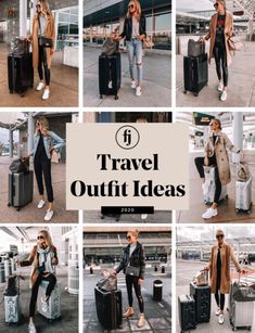 travel outfit ideas for women in the fall and winter, including coats, jackets, jeans, sneakers