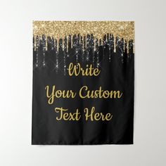 a black banner with gold glitters on it that says write your custom text here