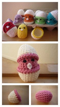 crocheted stuffed animals are sitting on a shelf and one has an egg in it