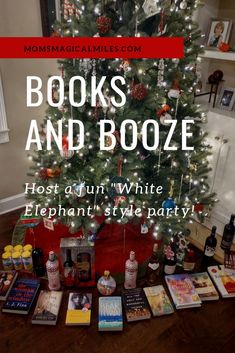 a christmas tree with books and booze on it