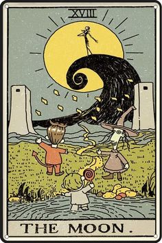 the moon tarot card with children playing in front of it and an image of a man