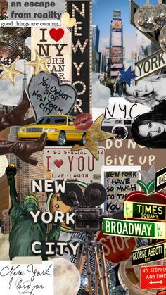 the collage has many different pictures and words on it, including an image of new york