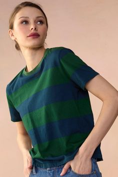 One for every day of the week  All-over navy and green stripes  Soft-spun cotton, soft to touch  Regular fit Fabric content: 100% cotton Care instructions: machine wash cold  Fit: model is 59 and wears a size S Colorful Womens Shirts, Green Short Sleeve Tops With Horizontal Stripes, Green Crew Neck T-shirt With Contrast Stripes, Green Crew Neck Top With Contrast Stripes, Green Crew Neck Tops With Contrast Stripes, Green Horizontal Stripe Crew Neck Top, Curated Closet, Cold Fits, Stripe Top