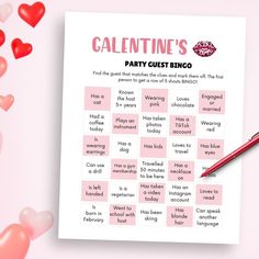 a valentine's party guest bingo game with balloons and confetti in the background