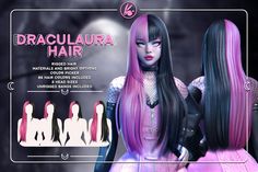 an image of a woman with long black hair and pink highlights on her face, standing in front of a sign that says dracula hair