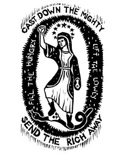 an image of the virgin mary in black and white, with words above it that say she