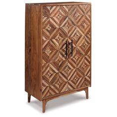 a wooden cabinet with geometric designs on the front and side doors, made out of wood