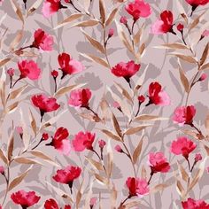 red flowers on a gray background with brown stems and leaves in the foreground, watercolor style