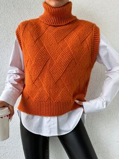 Orange  Collar  Étoffe   Embellished Pas de l'extensibilité Turtleneck Sweater, Orange