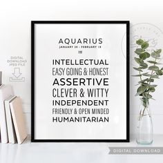 a black and white poster with the words aquarius on it next to a vase full of books