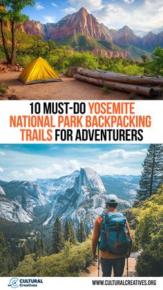 A backpacker with a large pack hikes through scenic Yosemite National Park, surrounded by towering cliffs and expansive views, highlighting 10 Must-Do Yosemite National Park Backpacking Trails for Adventurers. Backpacking Trails