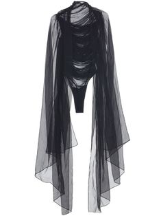 black silk sheer draped design mock neck extra-long sleeves press-stud fastening Just a reminder that this piece must be tried on over your own garments. Puffy Sheer Sleeves, Gothic Bodysuit, Mugler Bodysuit, Insane Fashion, Mugler Fashion, Clothing Hanger, Sheer Bodysuit, Long Veil, Versace Outfit