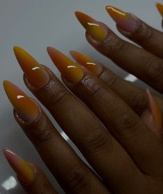 Almond Funky Nails, Mango Nails Design, Sunset Inspired Nails, Baddie Maintenance, Aura French Nails, Orange Airbrush Nails, Cancun Nail Ideas, Aura Nails Orange, Gold And Orange Nails