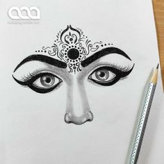 a pencil drawing of a woman's face with an ornate headdress on it