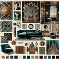 Interior Design Mood Boards for Different Styles Old Art Deco Interior, Art Deco Bedroom Mood Board, Art Deco Interior Design Mood Board, Mood Board Hotel Interior Design, 1920s Decor Interior Design, Great Gatsby Aesthetic Art Deco, 1920s Hotel Aesthetic, 20s Interior Design, Art Deco Interior Design Modern