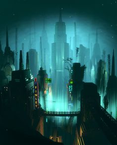 a futuristic city with lots of tall buildings and green traffic lights at night in the fog