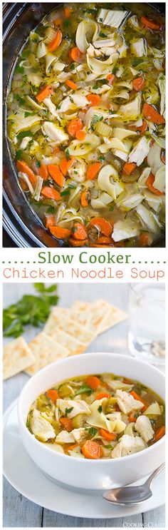 slow cooker chicken noodle soup in a white bowl with crackers on the side