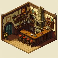 an old - fashioned kitchen is depicted in this low polygonal style, with stools at the bar