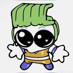 an image of a cartoon character with big eyes and green hair, wearing a yellow vest