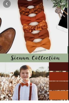 a boy in a bow tie and suspenders standing next to a plant, with the words sienna collection on it