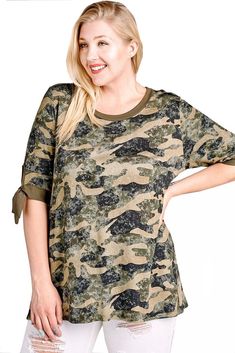 Women's Plus Size Camouflage Knit Tunic Top with Tie Sleeves Camouflage Outfits, Tunic Style, Tie Sleeve, Knit Tunic, Tunic Styles, Tunic Top, French Terry, Camouflage, Floral Tops