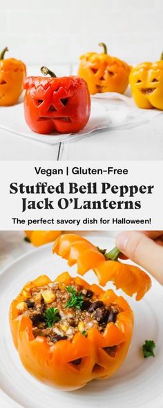 stuffed bell pepper jack o lanternes on a white plate