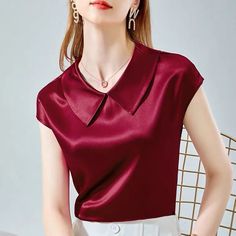 Suit Combinations, Retro Pants, Silk Tops, Doll Collar, Silk Outfit, Satin Blouses, Blouse Short Sleeve, Korean Dress, Satin Blouse