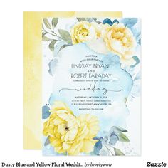 a wedding card with yellow flowers on the front and blue border, in watercolor