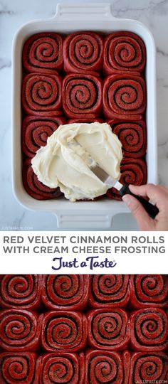 red velvet cinnamon rolls with cream cheese frosting in a baking pan and then topped with icing