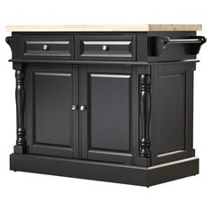 a black kitchen island with two drawers and a butcher block top on the bottom shelf