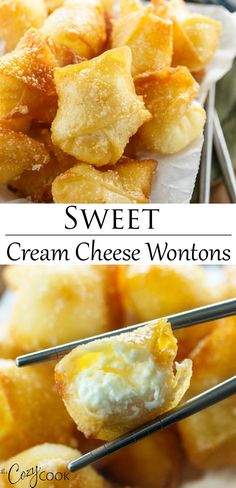 sweet cream cheese wontons with chopsticks on top and in the middle