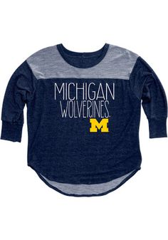 Michigan Womens Yoke Navy Blue T-Shirt Blue Varsity Top For Winter, Blue Winter Varsity Top, Winter Team-colored Tops With Ribbed Cuffs, Collegiate Style Blue Tops For Fall, Winter Tops With Ribbed Cuffs In Team Colors, Collegiate Fan Gear Tops For Winter, Navy Varsity Top For Fall, Navy Winter College Tops, Collegiate Winter Tops For Fan Gear