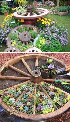 an old wagon turned into a garden planter