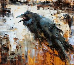 a painting of a black bird sitting on top of a yellow and white background with lots of paint splatches