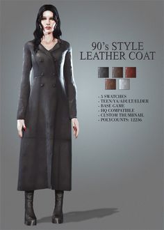 an image of a woman wearing a long coat and black boots with the words 90's style leather coat on it