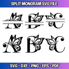 butterfly monogram svg files for cutting and other design projects, including letters with wings