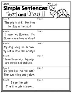 the simple sentence worksheet for kids to learn how to read and draw it