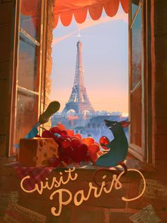 a window with the eiffel tower in the background and some fruit on it