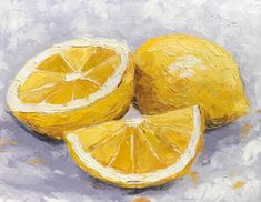 a painting of three lemons on a white surface