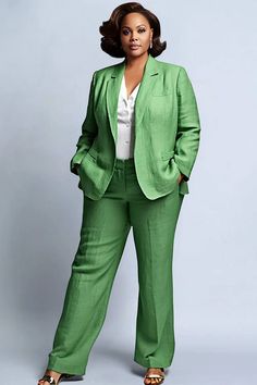 Xpluswear Design Plus Size Business Casual Green Turndown Collar Long Sleeve Pocket Flax Two Piece Pant Sets Two Piece Pant Set Formal, Plus Size Business Casual, Plus Size Business, Two Piece Pants Set, Big Girl Fashion, Pant Sets, Collar Pattern, Turndown Collar, Business Suit