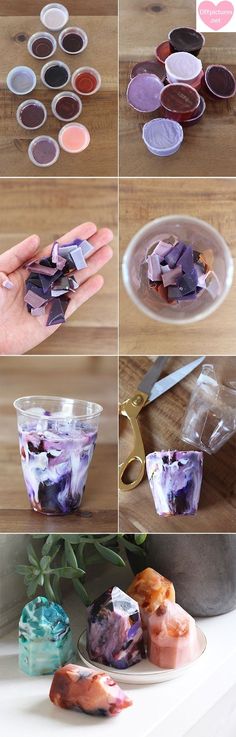 there are many different pictures of food being made in plastic cups on the counter top